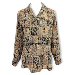 La Caviar Tan and Black Abstract Button Up Blouse